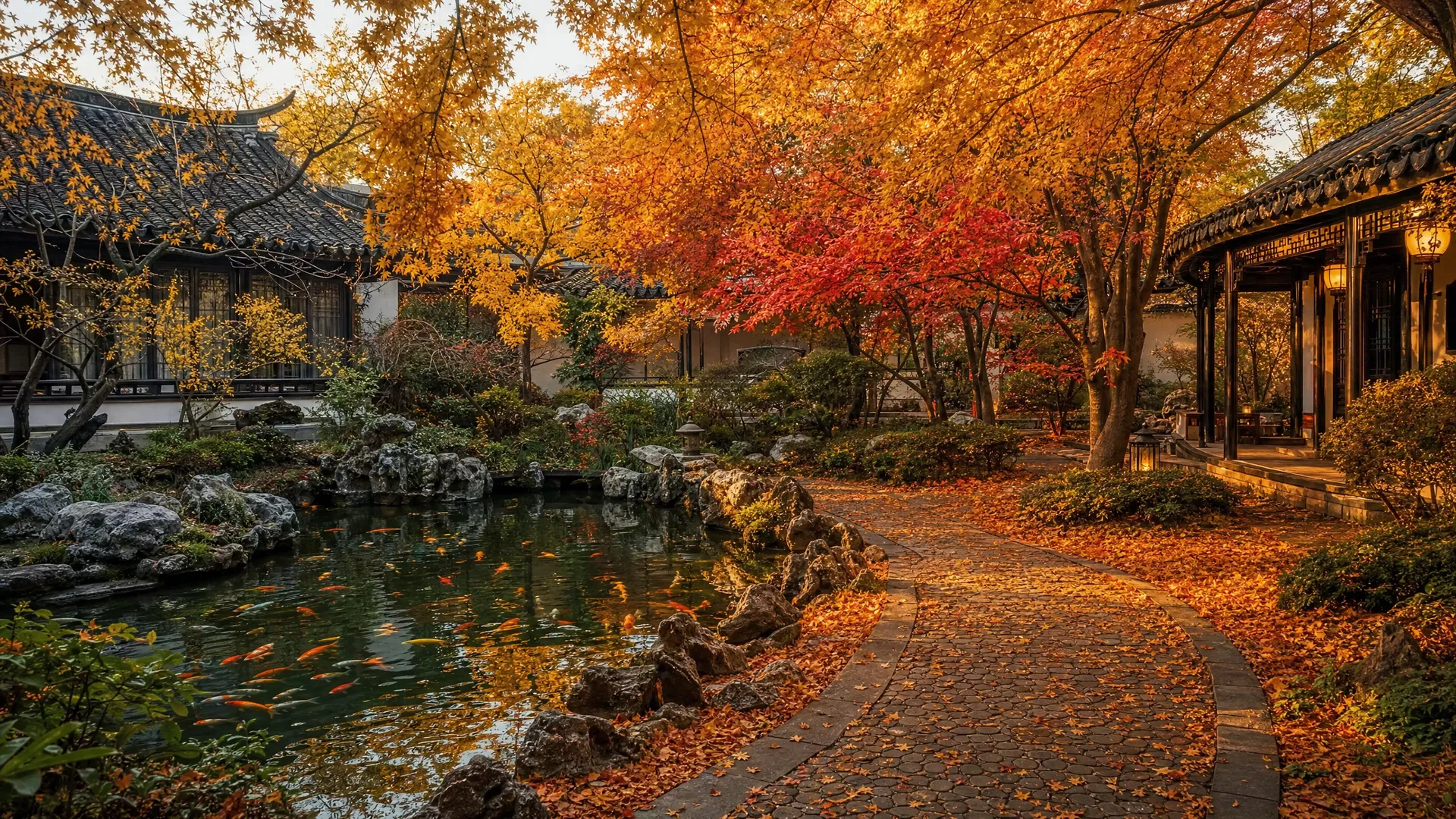 庭院景观秋景：枫红叶黄、暖意盈庭的中式庭院